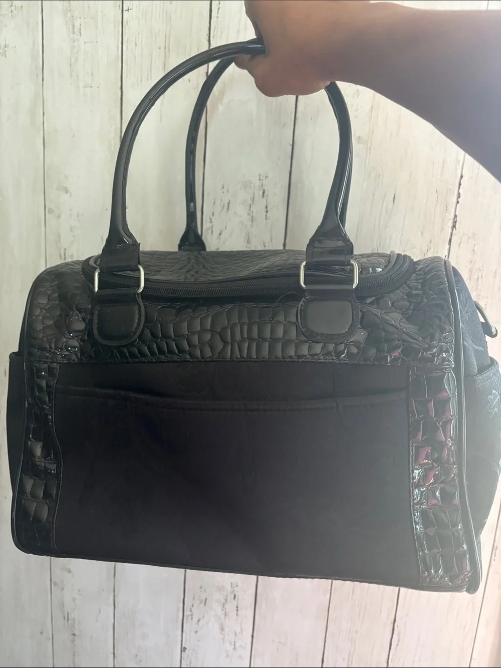 Black Croc-Texture Patent Duffel Bag - unisex